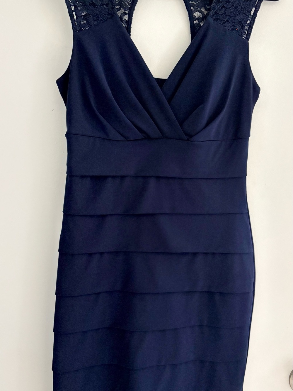 Enfocus Studio Navy Lace-Shoulder Midi Sheath Dress